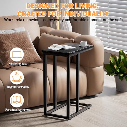 VECELO Universal C-Shaped Side Table, Multi-Functional Snack & TV Tray for Living Room, Bedroom, Black Marble (2 Set) - color: Black Marble, size: 2 Set