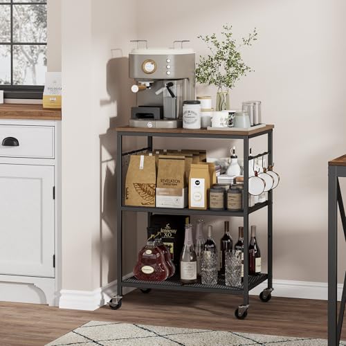 Homleke 3-Tier Rolling Kitchen Microwave Cart, Kitchen Utility Cart on Lockable Wheels, Coffee Bar Table Station with 6 S-Shaped Hooks, Small Appliance Storage Shelf, Rustic Brown and Black - color: Rustic Brown and Black, size: 3-Tier