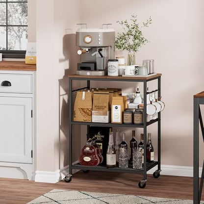 Homleke 3-Tier Rolling Kitchen Microwave Cart, Kitchen Utility Cart on Lockable Wheels, Coffee Bar Table Station with 6 S-Shaped Hooks, Small Appliance Storage Shelf, Rustic Brown and Black - color: Rustic Brown and Black, size: 3-Tier