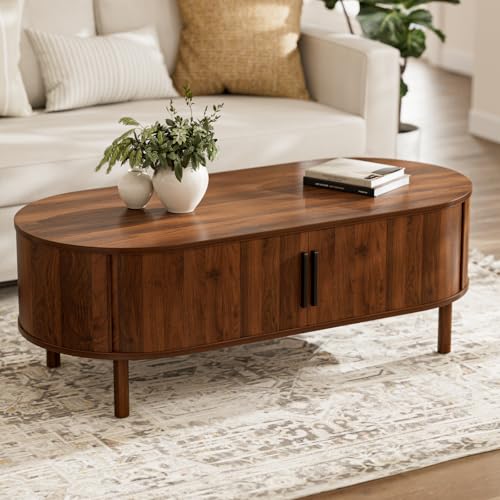 ZttRiee Oval Coffee Table with Sliding Doors, Mid-Century, Walnut | 47.24"L x 21.65"W x 16.14"H, 200 lbs capacity, 2 front & back storage areas, ~60 min assembly - color: Walnut_lsj032-wa