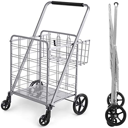 Wellmax Folding Grocery Cart with Wheels, Heavy Duty Metal Utility Cart with Mesh Bottom, Extra Rear Basket, 160 lb Capacity, Dual Swivel Wheels, Foldable Trolley for Groceries & Laundry - size: Jumbo