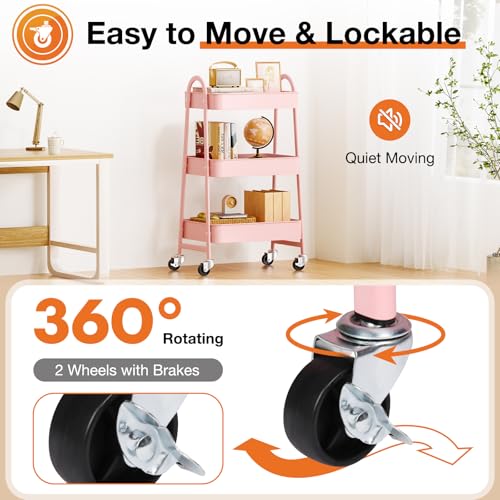 NEWBULIG 3-Tier Metal Rolling Cart with Lockable Wheels, Heavy Duty Mobile Utility Storage Shelf, Roller Book Snack Cart, Organization for Livingroom, Bathroom, Office, Pink | Mobile Organizer Shelf, Space-Saving, Freestanding, Bathroom, Living Room, Slim