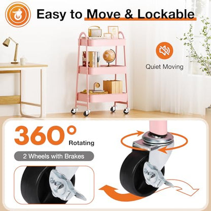 NEWBULIG 3-Tier Metal Rolling Cart with Lockable Wheels, Heavy Duty Mobile Utility Storage Shelf, Roller Book Snack Cart, Organization for Livingroom, Bathroom, Office, Pink | Mobile Organizer Shelf, Space-Saving, Freestanding, Bathroom, Living Room, Slim