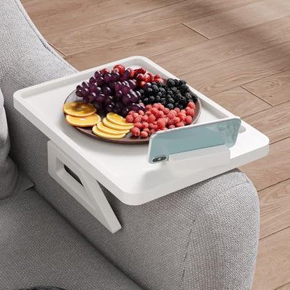 Couch Arm Tray with 360°Phone,Bamboo Folding Sofa Tray,Sofa Armrest Trays Clip-On Couch Desk for Drinks,Snacks,Phone,Remote Control（White） - color: White, style: 13.0" x 9.4"Phone Holder