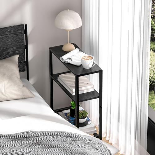 Narrow Side Table Set of 2 for Small Space, 2-Tier Small End Table with Shelf Holder, Slim Nightstand, Skinny Snack Couch Table in Living Room, Bedroom, Study, Kitchen and Balcony (Black) - color: Black