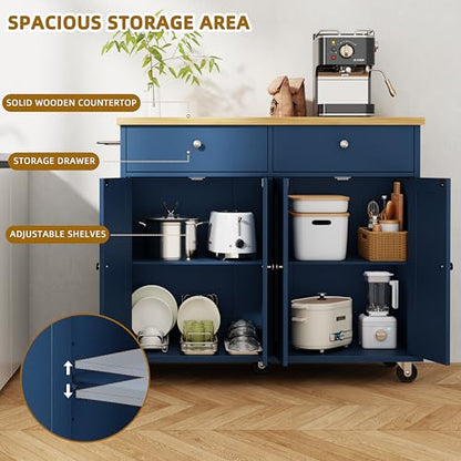 SUNLEI Kitchen Island with Storage, Rolling Kitchen Island Cart with Wheels & Drop Leaf & Towel Rack & 2 Drawers, Portable Island Table for Kitchen (Blue, 39.6“) - style: Blue