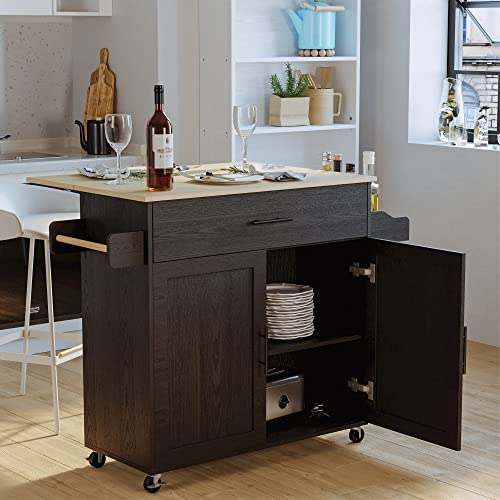 IRONCK Rolling Kitchen Island Cart with Drop-Leaf and Wine Rack, Black | Wheels, Drawers, Open Shelves, Adjustable Shelves, and Spacious Drawer Storage - color: Black