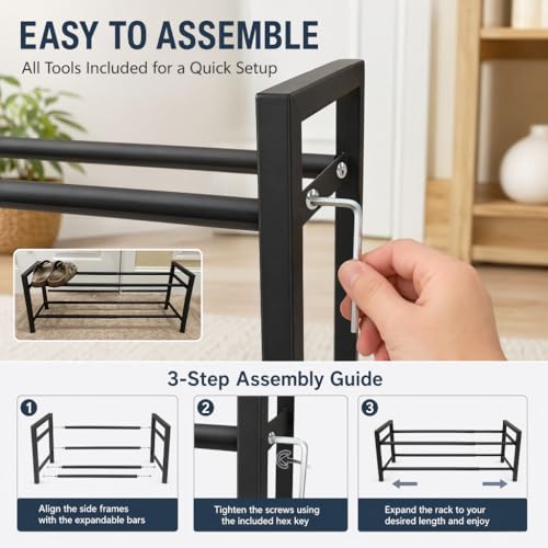 Expandable 2-Tier Metal Shoe Rack, Black Freestanding Storage Organizer | Telescopic, Adjustable, 40 lbs total load, Rust-proof metal, Quick Assembly for entryway closet Small Spaces - size: 2 Tier