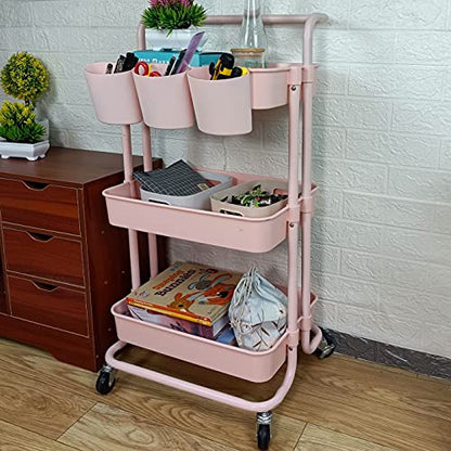 3 Tier Utility Rolling Cart Storage Organizer Shelf Rack with 6PCS Hanging Cups for Home Office Kitchen Bathroom Storage (Pink)