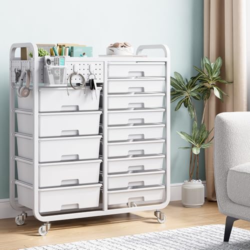 14-Drawers Rolling Storage Cart with Tabletop & Pegboard, Multi-Purpose Utility Organizer Cart for Home, Classroom, Office, Dorm & Bedroom