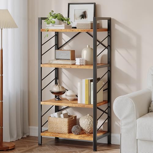 DurayLoly 4 Tier Bookshelf for Narrow Space, Rustic Brown | Small Storage Shelves, Sidebars and Metal Frame - color: Rustic Brown, size: 4 Tier - 1 pc