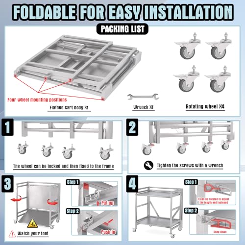 2 Shelf Rolling Cart with Wheels, 660lbs Capacity Collapsible Steel Rolling Utility Cart, Heavy-Duty Foldable Workbench, Metal Rolling Storage Cart with Handle for Groceries, Warehouse (36" Lx26 W) - color: Plate 660lbs Capacity