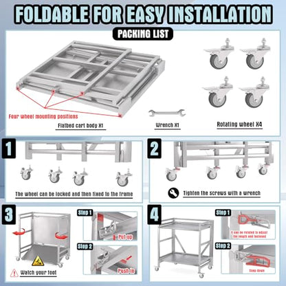 2 Shelf Rolling Cart with Wheels, 660lbs Capacity Collapsible Steel Rolling Utility Cart, Heavy-Duty Foldable Workbench, Metal Rolling Storage Cart with Handle for Groceries, Warehouse (36" Lx26 W) - color: Plate 660lbs Capacity
