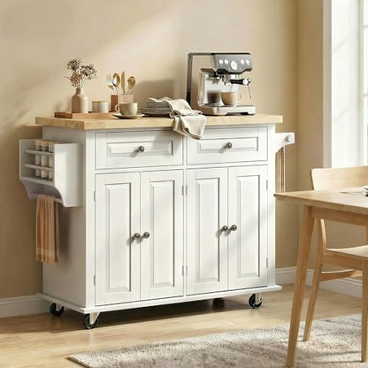 HOMCOM Kitchen Island Cart with Solid Wood Top, 44" Mobile Kitchen Island Table on Wheels with Storage Cabinets, 2 Drawers, Adjustable Shelves, Spice Rack & Towel Bar for Dining Room, White - color: White