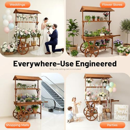 Flower Cart Display Stand with 2 Wheels, Wooden 3 Layers Rolling Table Cart, Heavy Duty Moving Display Rack for Home Decor, Coffee Station, Food Stand, Beverage Bar, Tea Stall (Brown)