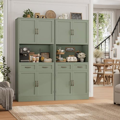 HOSTACK 71" Tall Kitchen Pantry Storage Cabinet, Wood Kitchen Hutch, Green | Modern Pantry Cabinet with Microwave Stand, Hutch Cabinet with Countertop & Drawers, Storage Cabinet for Living Room - color: Green + Bronze Handles