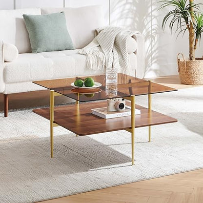 LumFurn Square Coffee Table, Mid-Century Modern Design, L30 x W30 x H17 Inch, for Living Room, 2-Tier Structure, Amber Glass Top and Walnut Wood Shelf, Sleek Conical Metal Legs with Gold Finish - color: Amber & Walnut, size: L30" Square Coffee Table