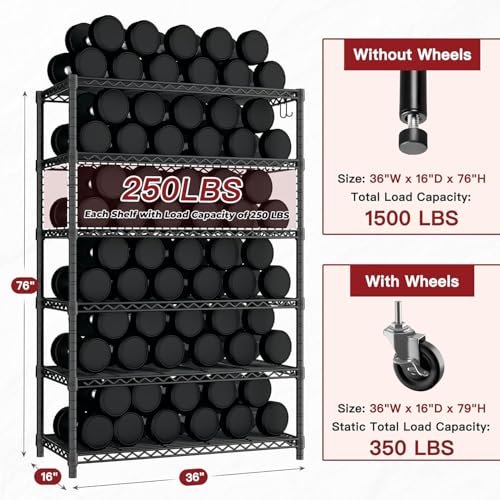 PrimeZone 6 Tier Wire Shelving with Wheels 79''H 1500lbs Storage Shelves NSF Certified Heavy Duty Steel Metal Shelf Adjustable Rolling Rack Kitchen Garage Closet Pantry Laundry 79''HX36''WX16''D 2Pcs - size: 36" W x 16" D x 79" H