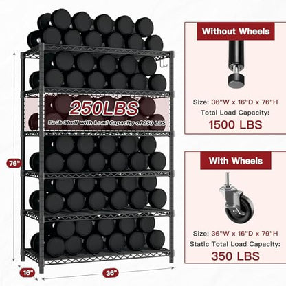 PrimeZone 6 Tier Wire Shelving with Wheels 79''H 1500lbs Storage Shelves NSF Certified Heavy Duty Steel Metal Shelf Adjustable Rolling Rack Kitchen Garage Closet Pantry Laundry 79''HX36''WX16''D 2Pcs - size: 36" W x 16" D x 79" H