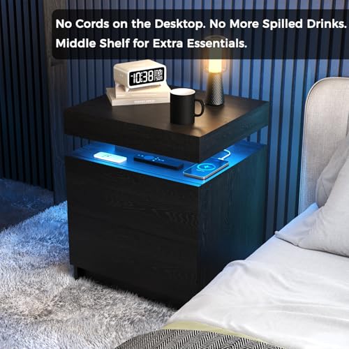 LED Nightstand, Modern Black Night Stand End Tables with APP & Remote Control LED Lighting, 2 Drawers, Open Shelf Storage, Bedside Tables for Bedroom & Living Room
