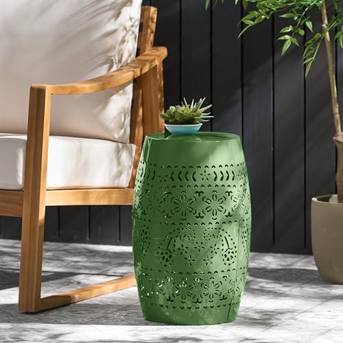 Christopher Knight Home Zoey Small Outdoor Side Table, Lace Cut Iron End Table, Metal Outdoor Stool, Hollow Drum Round Side Table, Decorative Garden Stool with Cutout Design for Patio Balcony, Green - color: Green