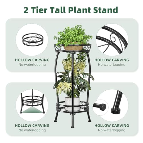 Simple Trending Plant Stand Indoor Outdoor, Tall Round Plant Shelf, 2 Tiers Metal Flower Pot Holder Stand Heavy Duty, for Garden, Balcony, Black