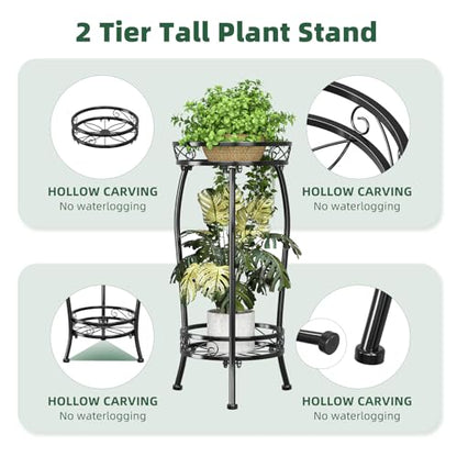 Simple Trending Plant Stand Indoor Outdoor, Tall Round Plant Shelf, 2 Tiers Metal Flower Pot Holder Stand Heavy Duty, for Garden, Balcony, Black