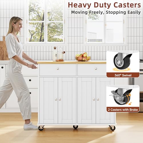 SUNLEI Kitchen Island with Storage, Kitchen Island on Wheels with Drop Leaf, Rolling Kitchen Island Cart with Cabinet and Drawers, Mobile Kitchen Storage Cart for Dining Room, White - style: White