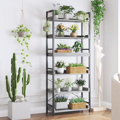 HCHQHS 6 Tier Bookshelf, Adjustable Industrial Bookcase, Vertical Tall Book Shelf, Wood and Black Metal Open Bookshelves for Home Office, Living Room, Bedroom - color: Grey, size: 6-Tier (24"W x 70"H)