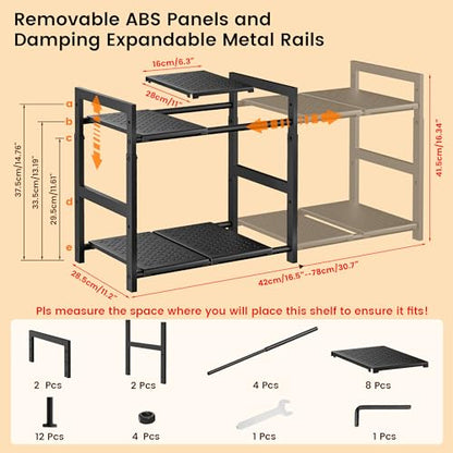 Under Sink Organizer and Storage 16.5"-30.7" Expandable Length, Adjustable Height Max 16.7" Under Sink Shelf 2 Tier with Removable ABS Panels Metal Frame for Bathroom Kitchen Pantry Cabitnet Pot Pan