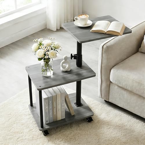 Rolling Side Table with Wheel for Living Room, Adjustable Height Swivel End Table for Different Seating Types, Ideal for Couch, Sofa, Recliner and Living Room, Grey Walnut-Look - color: Gray Walnut