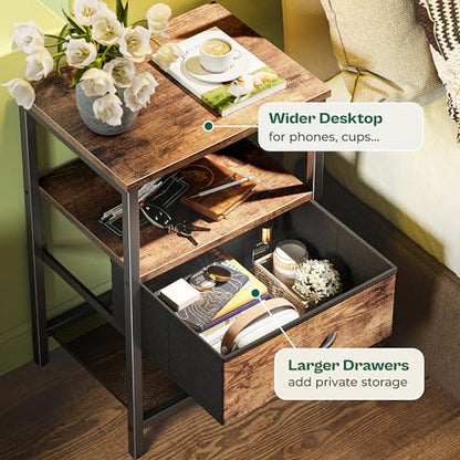 Huuger Nightstand Set of 2, Night Stand with Fabric Drawer, Mesh Shelf, Side Table with Storage, Fabric Drawer Dresser, Open Shelf, Metal Frame, Bedroom, Rustic Brown - color: Rustic Brown