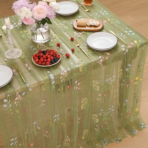 Horaldaily Embroidery Flower Sage Green Tablecloth 60×104 Inch Rectangular | Spring Summer Gauze Tablecloth, Seasonal Tulle Table Cover, Garden Party Decor, Resuable,Washable - color: Sage Green, size: 60" x 104" (Rectangular)