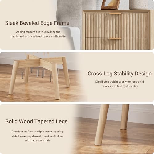 Fluted Nightstand Set of 2 with Charging & Beveled Edge, Natural | 18in Wide, FSC-Certified MDF, Solid Wood Legs, 2 Drawer, Metal Handle, Modern, Bedroom, Night Stand, Bedside Table, End Table - color: Natural Oak - Beveled Drawer, size: 18"W