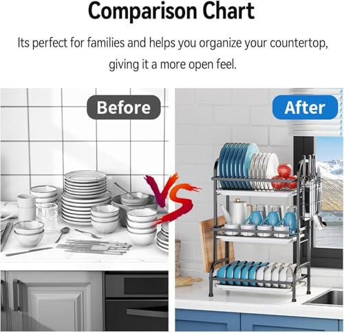 BCWW Dish Drying Rack - 3 Tier Stainless Steel Dish Rack for Kitchen Counter, Large Capacity Kitchen Organizers and Storage Rack with Drainboard and Cutlery Holder