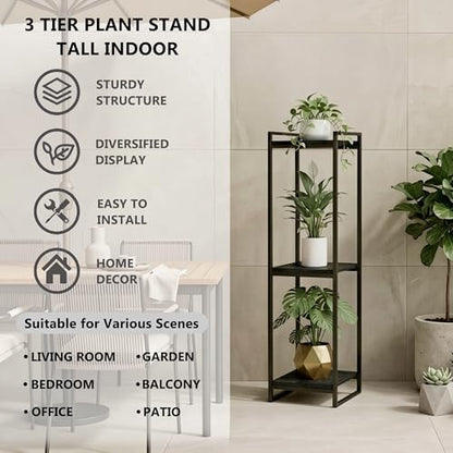 45" Tall Indoor Plant Stand, 3-Tier Flower Pot Rack, Black | Modern Minimalist Look, Wood Finish, for Living Room, Bedroom, Balcony, Space-Saving, Sturdy Metal Frame