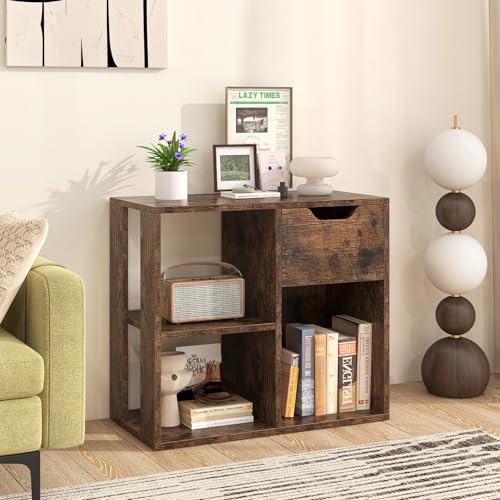 Giantex 3 Cube Bookcase with Drawer Set of 2, Bookshelf for Small Space, Modern Freestanding Display Rack with Open Shelves, Book Case, Wood Cube Storage Organizer Bedroom Living Room, Rustic Brown - color: Rustic Brown
