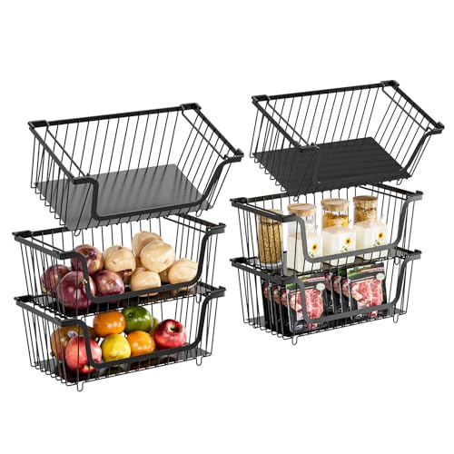 GAOKASE 6 Pcs Stackable Wire Baskets for Pantry Organizers and Storage,Vegetable Fruit Basket for Countertop,Kitchen Storage Metal Baskets,Produce Potato Onion Storage Bin,Black - color: 6-Black