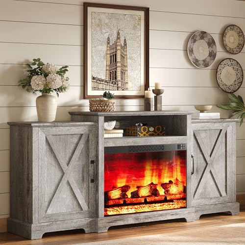 AMERLIFE 70" Farmhouse Fireplace TV Stand with Storage for TVs up to 80" | Entertainment Center with 29" Electric Fireplace, Media Console with 2 Cabinets & Adjustable Shelf, Light Grey - color: Light Grey, size: 70"