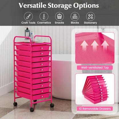 DREAMADE Rolling Cart with Storage Drawers, Utility Cart w/Removable Plastic Drawers, Lockable Wheels, Art Cart for Classroom Organization Art Supplies Office Scrapbook (10 Drawers, Hot Pink) - color: Hot Pink, style: 10 Drawers