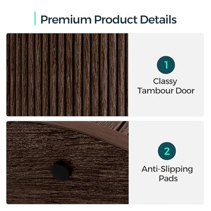 LINSY HOME Round Fluted End Table, Tall Side Table with Sliding Tambour Door and Storage Shelf, Modern Bedside Table, Mid-Century Nightstand for Living Room, Bedroom, Dark Walnut - color: Dark Walnut