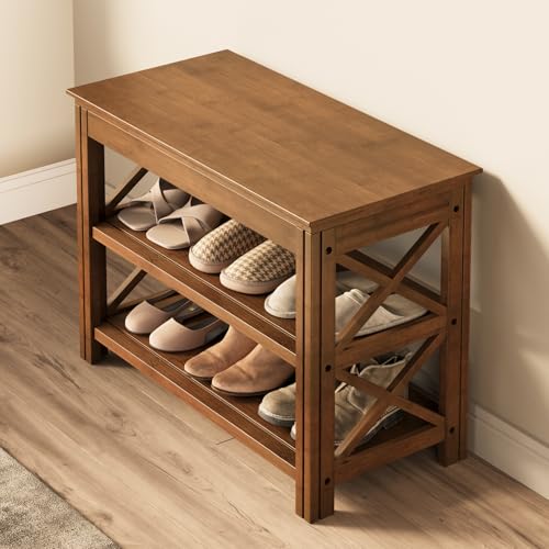 Bamworld Shoe Rack Bench with Storage 3 Tier Bamboo Shoe Bench Entryway Rustic Entryway Bench (X-Brown, 23.6 Inch - color: Brown, size: Shoe Bench,23in