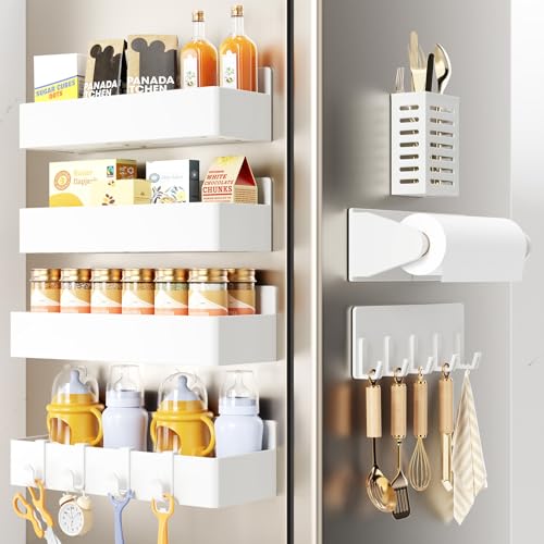 Mystozer Magnetic Spice Rack for Refrigerator,7 Pack Magnetic Shelf,Fridge Magnet Organizer with Paper Towel Holder,Utensils Racks,Hook Rack,Fridge Organizers and Storage White(7 Pack) - color: White, size: 7 Pack