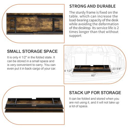 Need Home Office Desk Large Computer Desk 60 inch Sturdy Table Foldable Desk Gaming Computer Table No Assembly Required, Rustic Brown&Black Frame AC5FB(152.4 * 60) - color: Rustic Brown & Black Frame, size: 60 inch