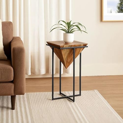The Urban Port 30 Inch Pyramid Shape Wooden Side Table | Brown Finish, Cross Black Metal Base, Modern Accent End Table, For Living Room, Bedroom, Entryway, Lounge, Home Decor Display - size: 30-Inch