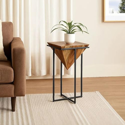 The Urban Port 30 Inch Pyramid Shape Wooden Side Table | Brown Finish, Cross Black Metal Base, Modern Accent End Table, For Living Room, Bedroom, Entryway, Lounge, Home Decor Display - size: 30-Inch