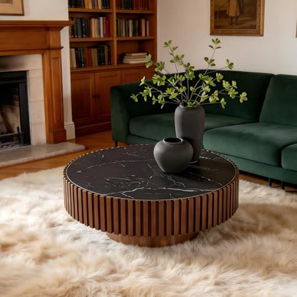 Round Coffee Table Walnut Ø35.43'' X 13.77''H Drum Coffee Tables Sintered Stone Tabletop for Living Room Small Space Fluted Circle Cocktail Tea Modern Center Apartment Home Furniture Easy Assembly - color: 35.43 Walnut Sintered