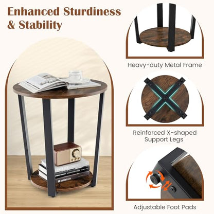 Giantex Round End Table, 2-Tier Side Sofa Table with Open Storage Shelf and Metal Frame, Industrial Nightstand Bedside Table for Living Room, Bedroom, Small Space, Accent Furniture, Rustic Brown - color: Rustic Brown