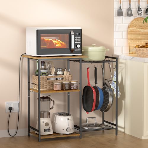Kitchen Stand with Pots Rack, Utility Microwave Oven Stand with Storage, 5 Tiers Coffee Bar Table, Small Kitchen Bakers Rack with 6 S Hooks, Kitchen Storage Shelf Rack for Spices, Pots, Rustic Brown