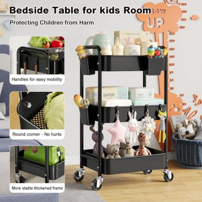 3 Tier Black Heavy Duty Rolling Cart on Wheels, Metal Utility Storage Shelves with Hanging Cup, Three Tiered Craft Carts Organizer, Shelf Cart for Bedside, Kitchen, Art, Snack, Pantry, Laundry Supply - color: Black
